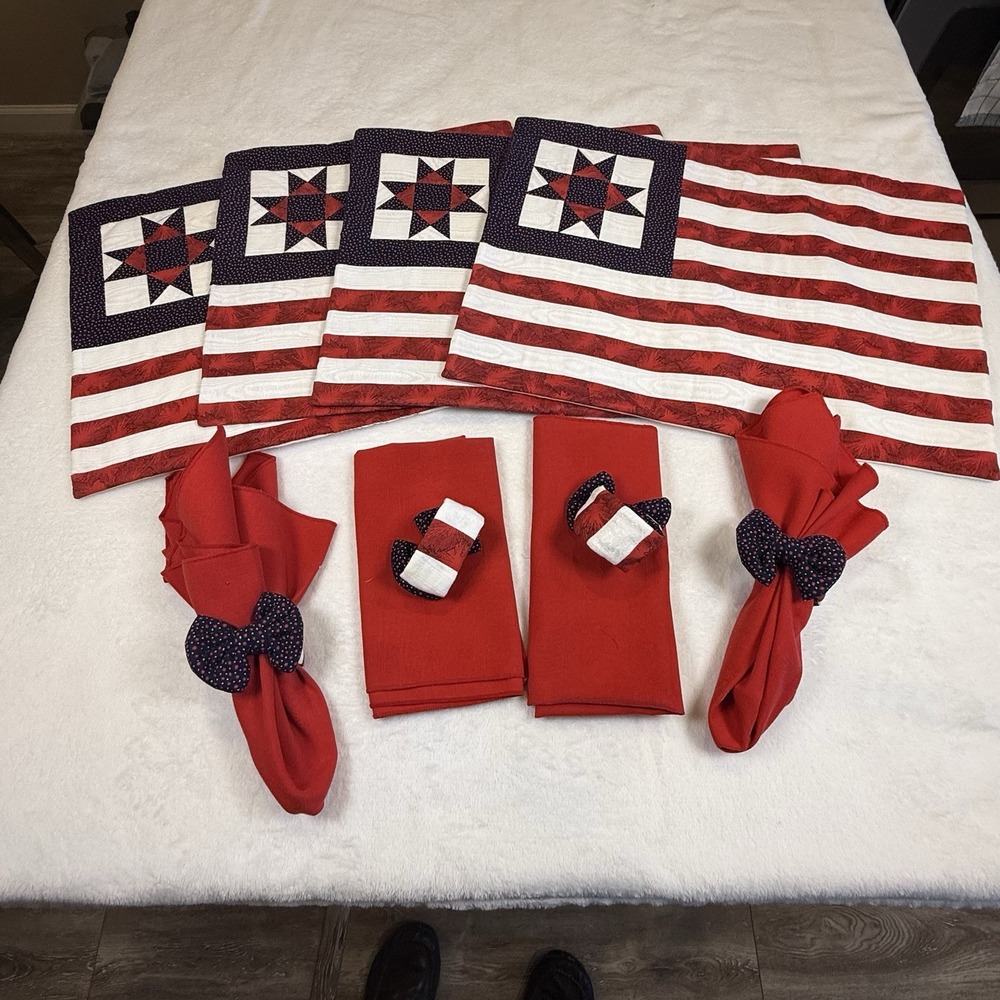 Handmade Patriotic Table Linens Set Quilted Placemats Napkins Rings Americana